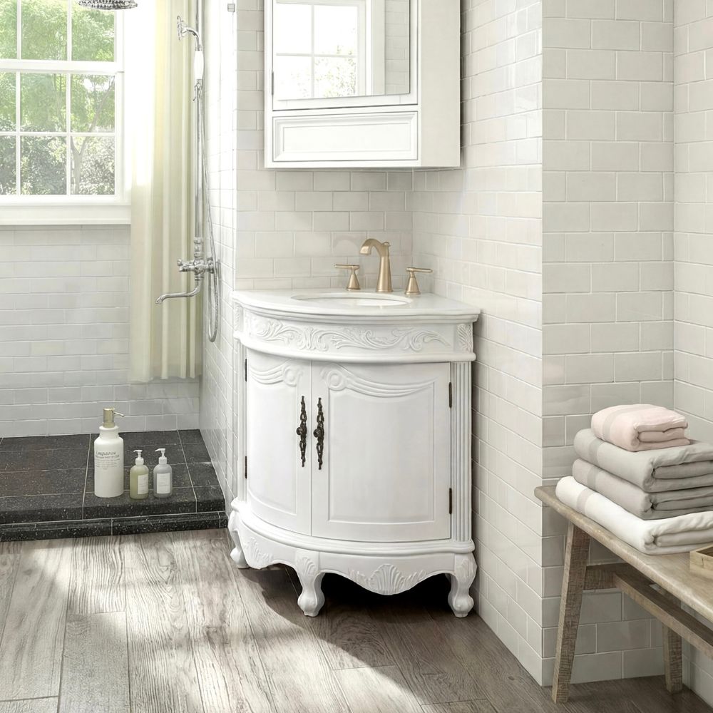 24 Inch Classic Style White Bayview Corner Bathroom Sink Vanity