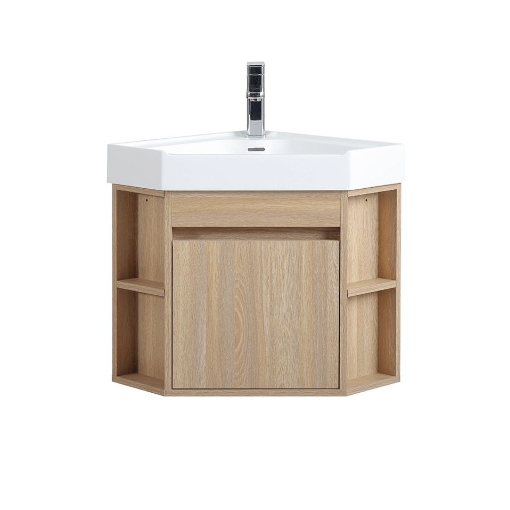 18 Inch Light Oak Trinsville Wall Mount Corner Bathroom Vanity with Matte Solid Surface - Bentoncollections