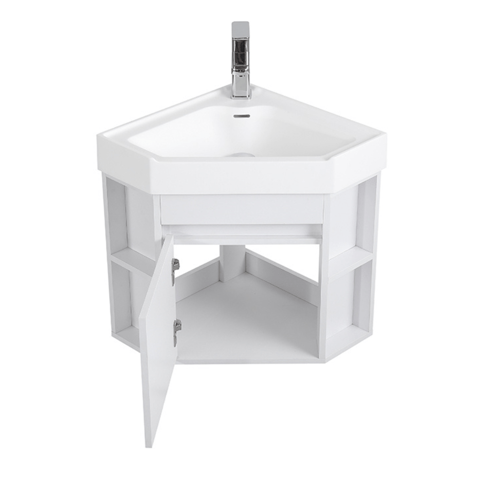 18 Inch White Trinsville Wall Mount Corner Bathroom Vanity with Matte Solid Surface - Bentoncollections