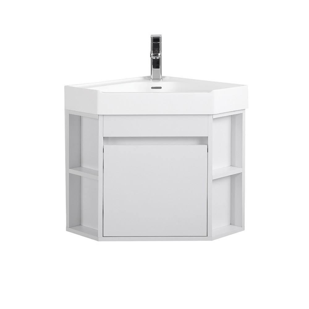 18 Inch White Trinsville Wall Mount Corner Bathroom Vanity with Matte Solid Surface - Bentoncollections
