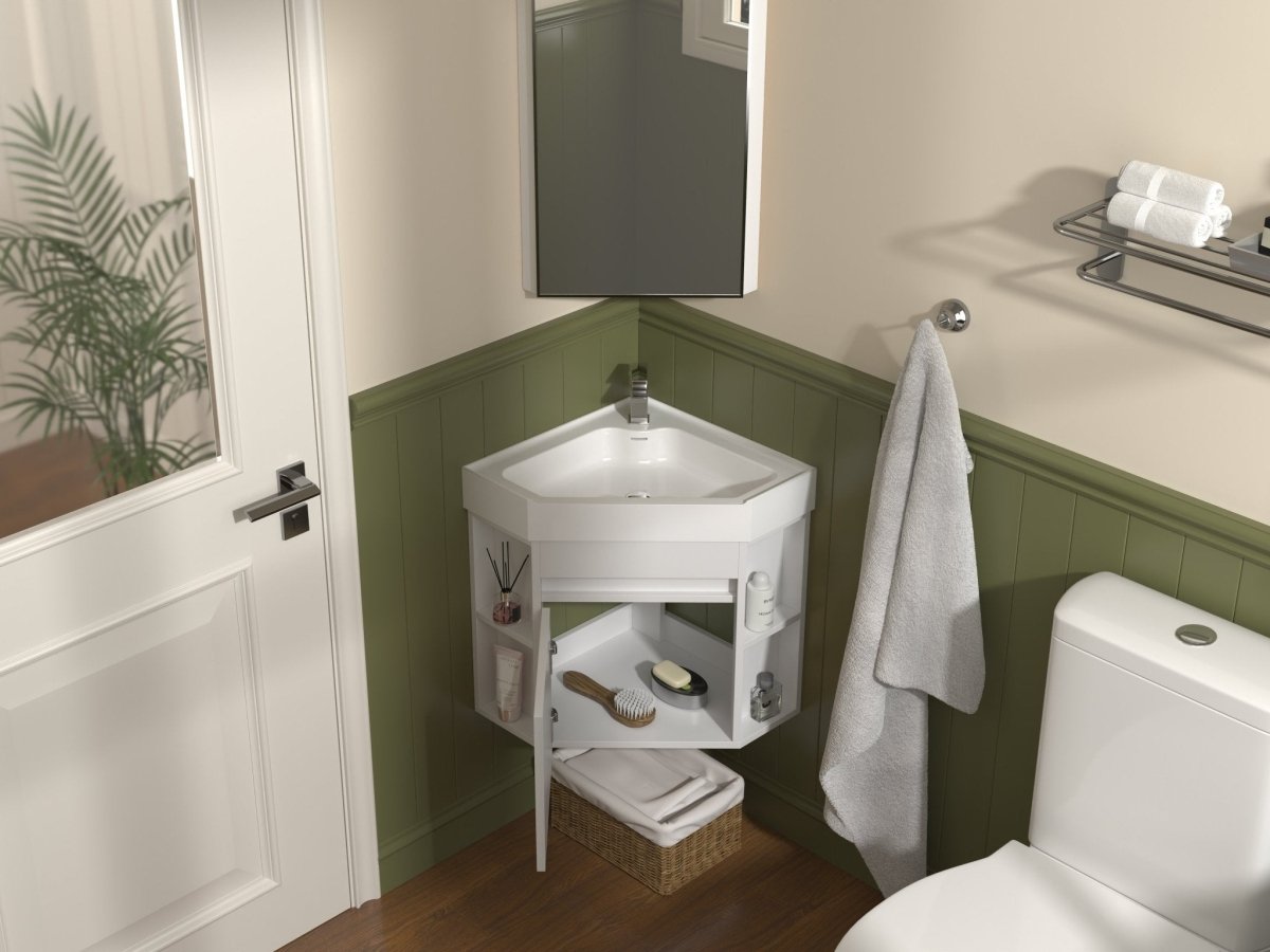 18 Inch White Trinsville Wall Mount Corner Bathroom Vanity with Matte Solid Surface - Bentoncollections