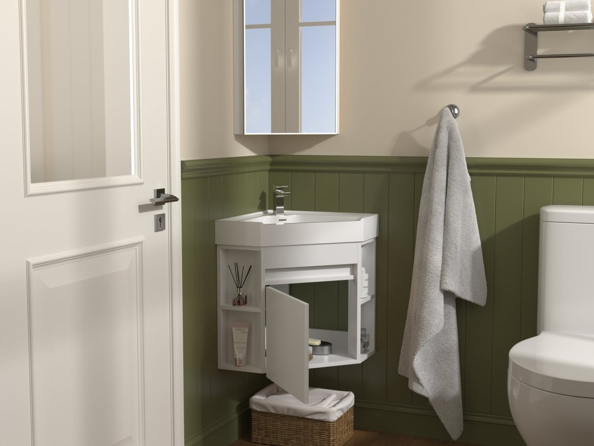 18 Inch White Trinsville Wall Mount Corner Bathroom Vanity with Matte Solid Surface - Bentoncollections