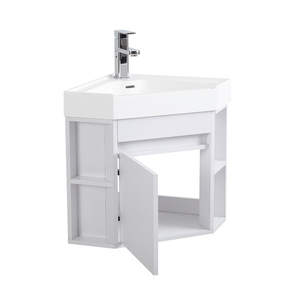 18 Inch White Trinsville Wall Mount Corner Bathroom Vanity with Matte Solid Surface - Bentoncollections