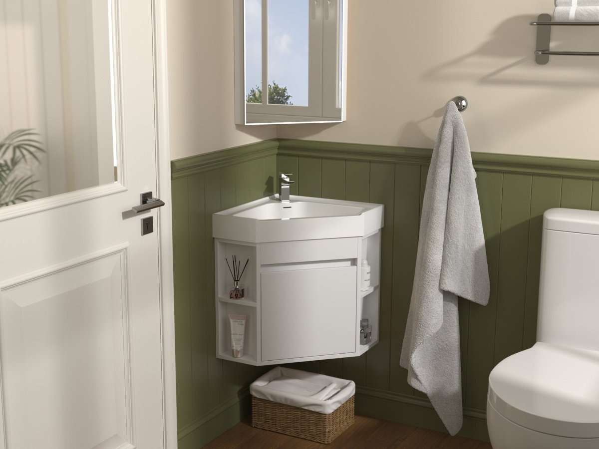 18 Inch White Trinsville Wall Mount Corner Bathroom Vanity with Matte Solid Surface - Bentoncollections