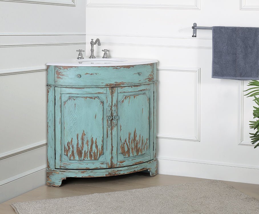 24 Inch Triadsville Freestanding Distressed Light Blue Corner Bathroom Sink Vanity - Bentoncollections
