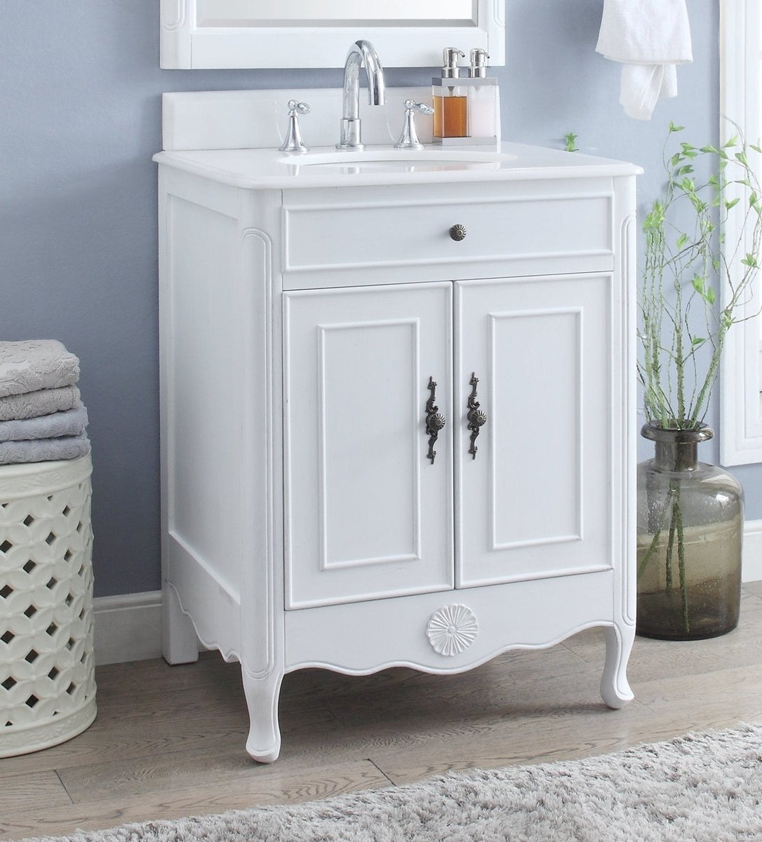 26 Inch Daleville Distressed White Cottage Style Small Bathroom Sink Vanity