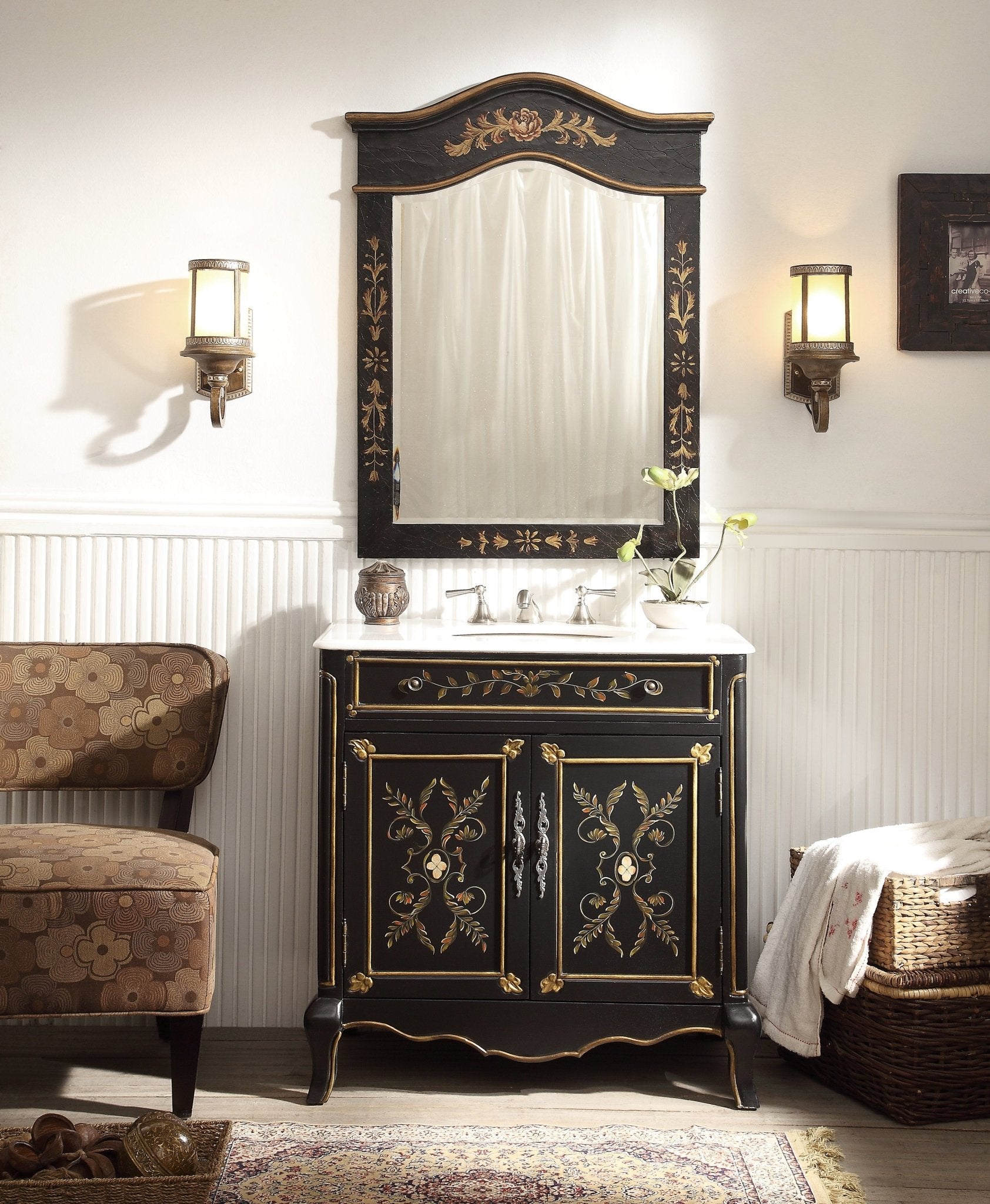 32" Black Hand - Painted Floral Motif Decoroso Bathroom Vanity