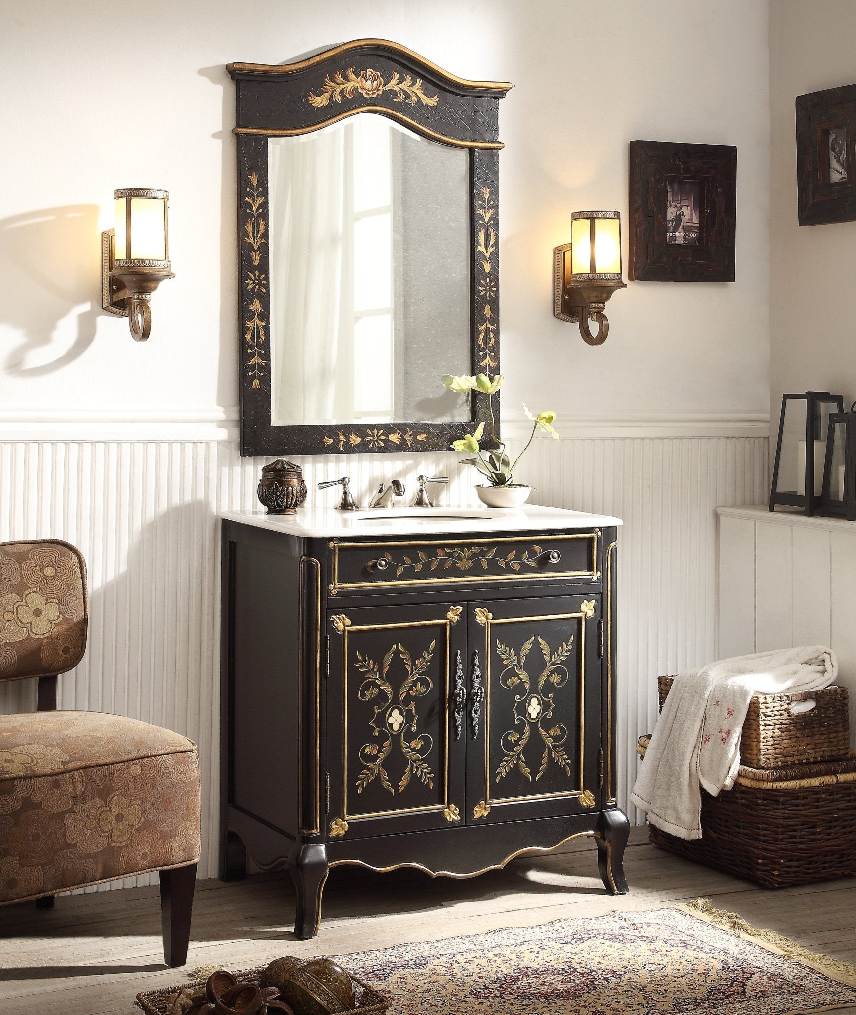 32" Black Hand - Painted Floral Motif Decoroso Bathroom Vanity