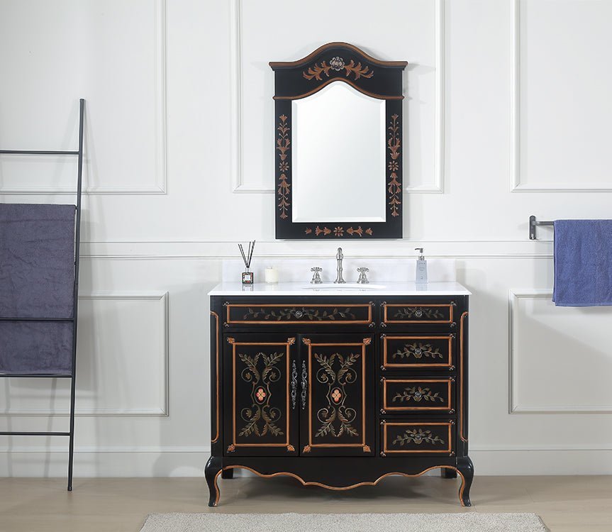 42 Inch Black Hand - Painted Floral Decoroso Bathroom Vanity With Side Drawers - Bentoncollections