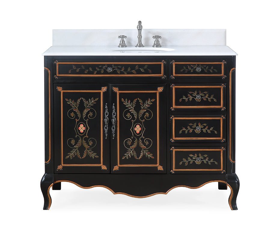 42 Inch Black Hand - Painted Floral Decoroso Bathroom Vanity With Side Drawers - Bentoncollections