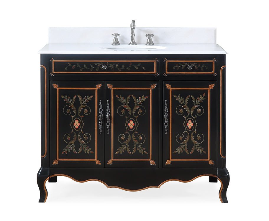 42 inch Black Hand - Painted Floral Decoroso Side Cabinet Bathroom Vanity - Bentoncollections