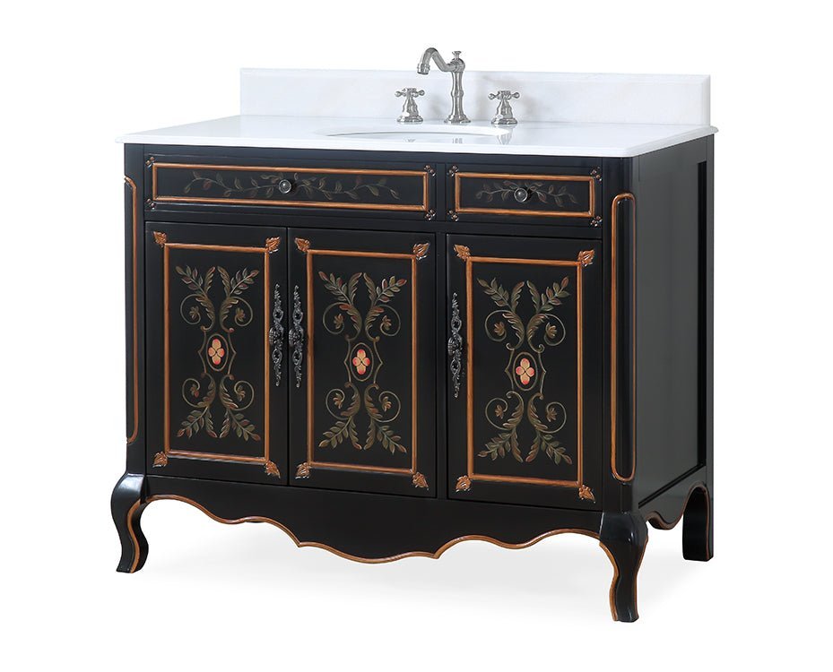 42 inch Black Hand - Painted Floral Decoroso Side Cabinet Bathroom Vanity - Bentoncollections