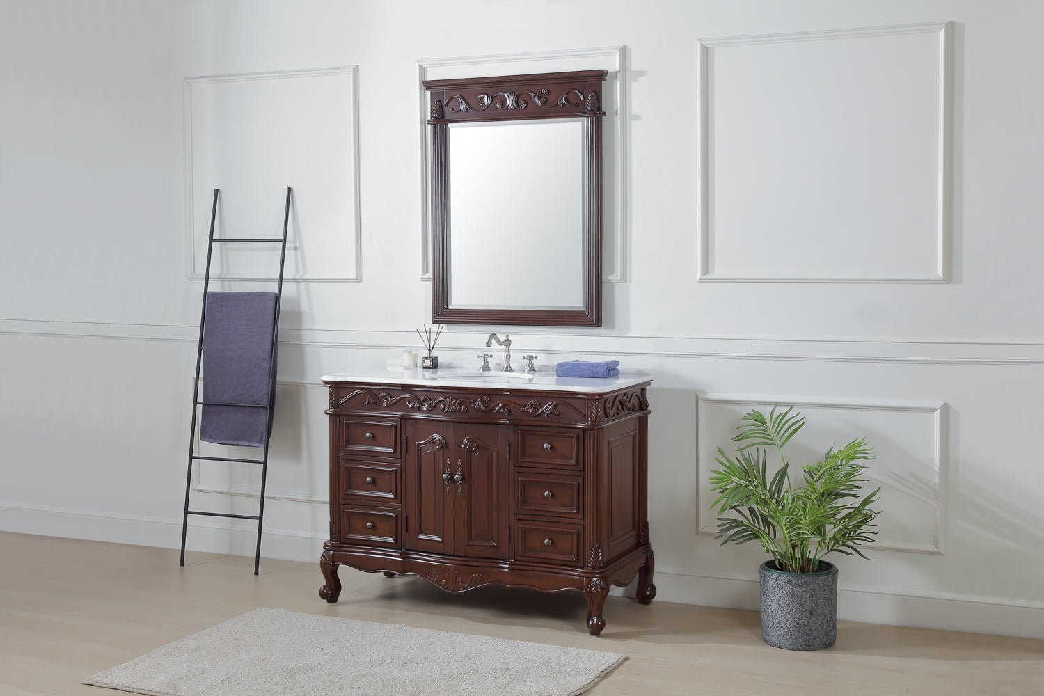 42 Inch Dark Brown Traditional Style Single Sink White Marble Countertop Beckham Bathroom Vanity