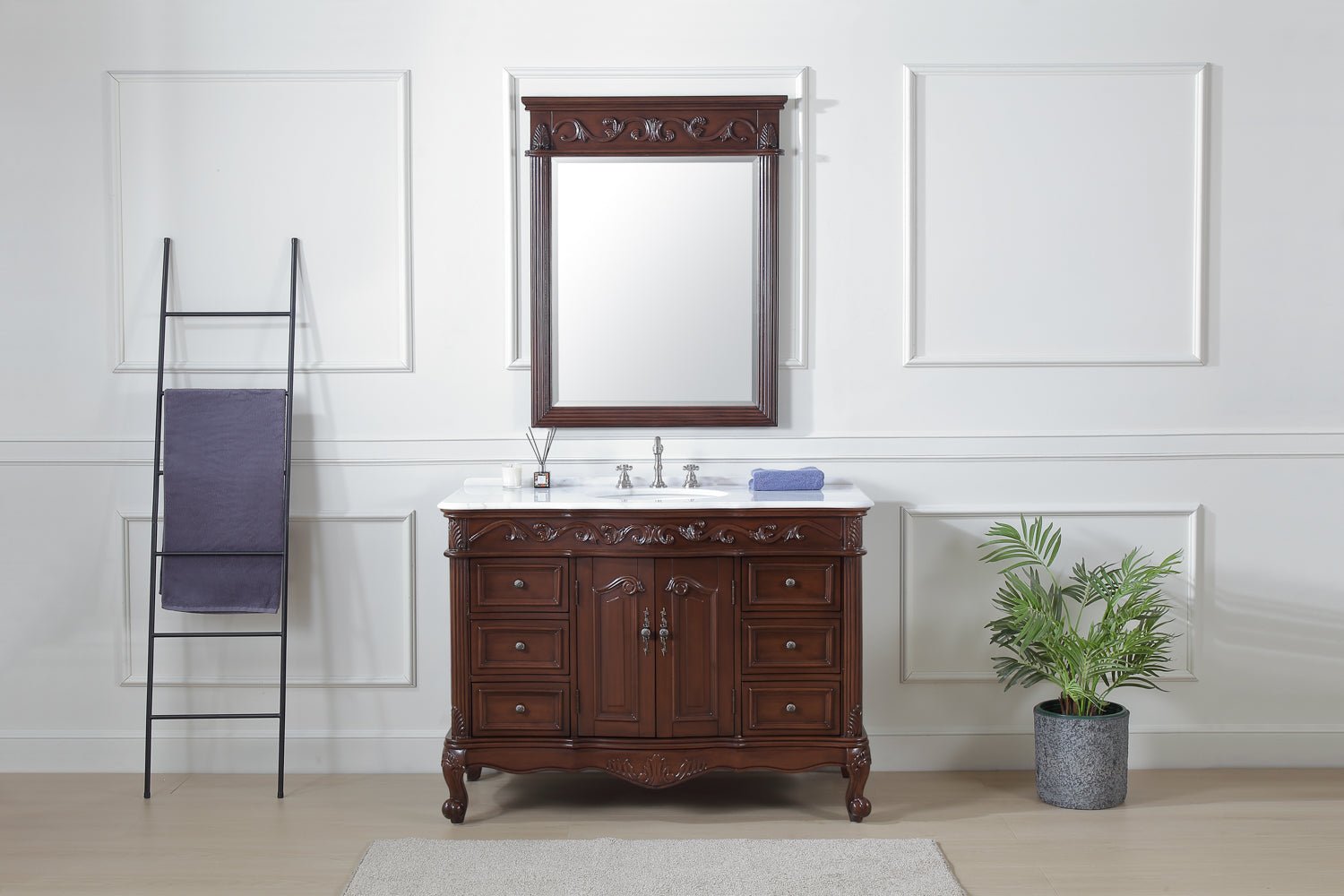 42 Inch Dark Brown Traditional Style Single Sink White Marble Countertop Beckham Bathroom Vanity