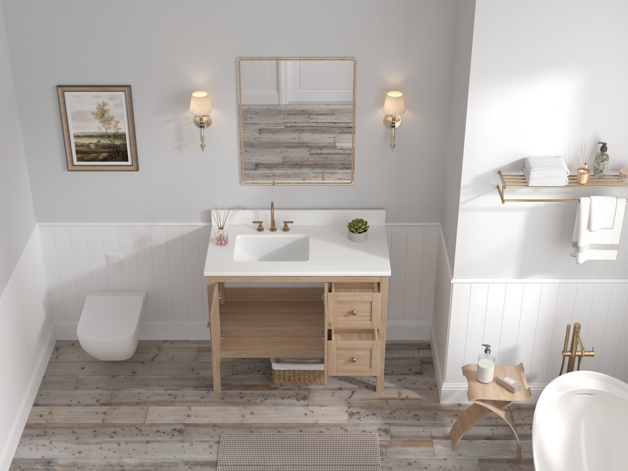 42 Inch Modern Light Oak Sera Single Sink Bathroom Vanity With White Quartz Top