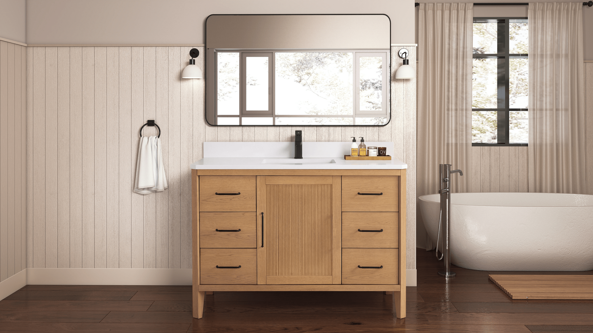 48 Inch Barque Single Sink Warm Oak Brown Finish Bathroom Vanity With White Top