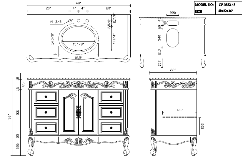 48 Inch Dark Brown Traditional Style Single Sink Baltic Brown Countertop Beckham Bathroom Vanity