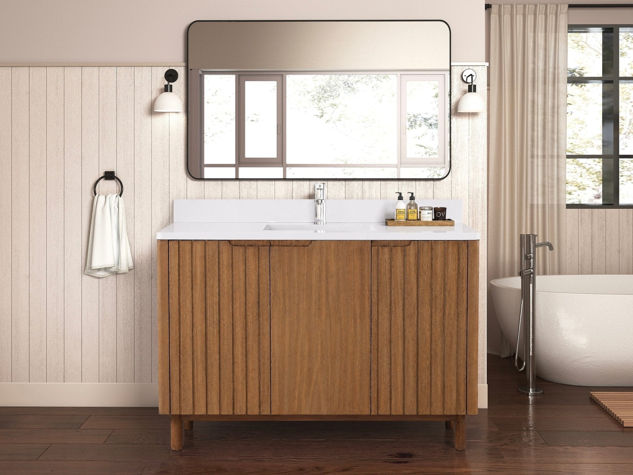 48 Inch Fume Single Sink Mango Warm Oak Brown Finish Bathroom Vanity With White Top