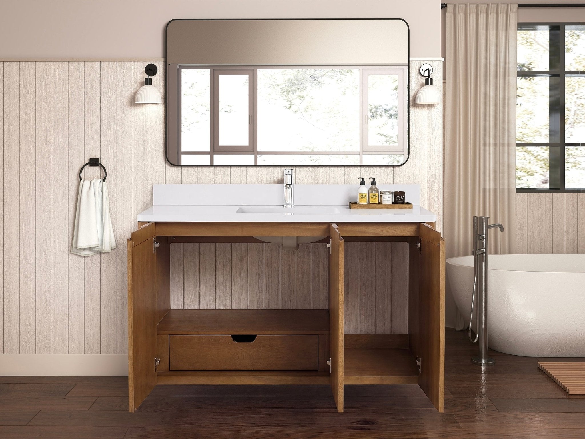 48 Inch Fume Single Sink Mango Warm Oak Brown Finish Wall Mount Floating Style Bathroom Vanity