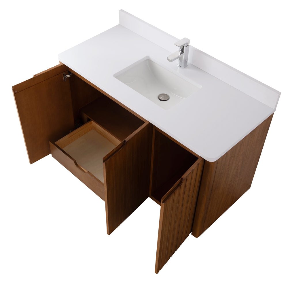 48 Inch Fume Single Sink Mango Warm Oak Brown Finish Wall Mount Floating Style Bathroom Vanity