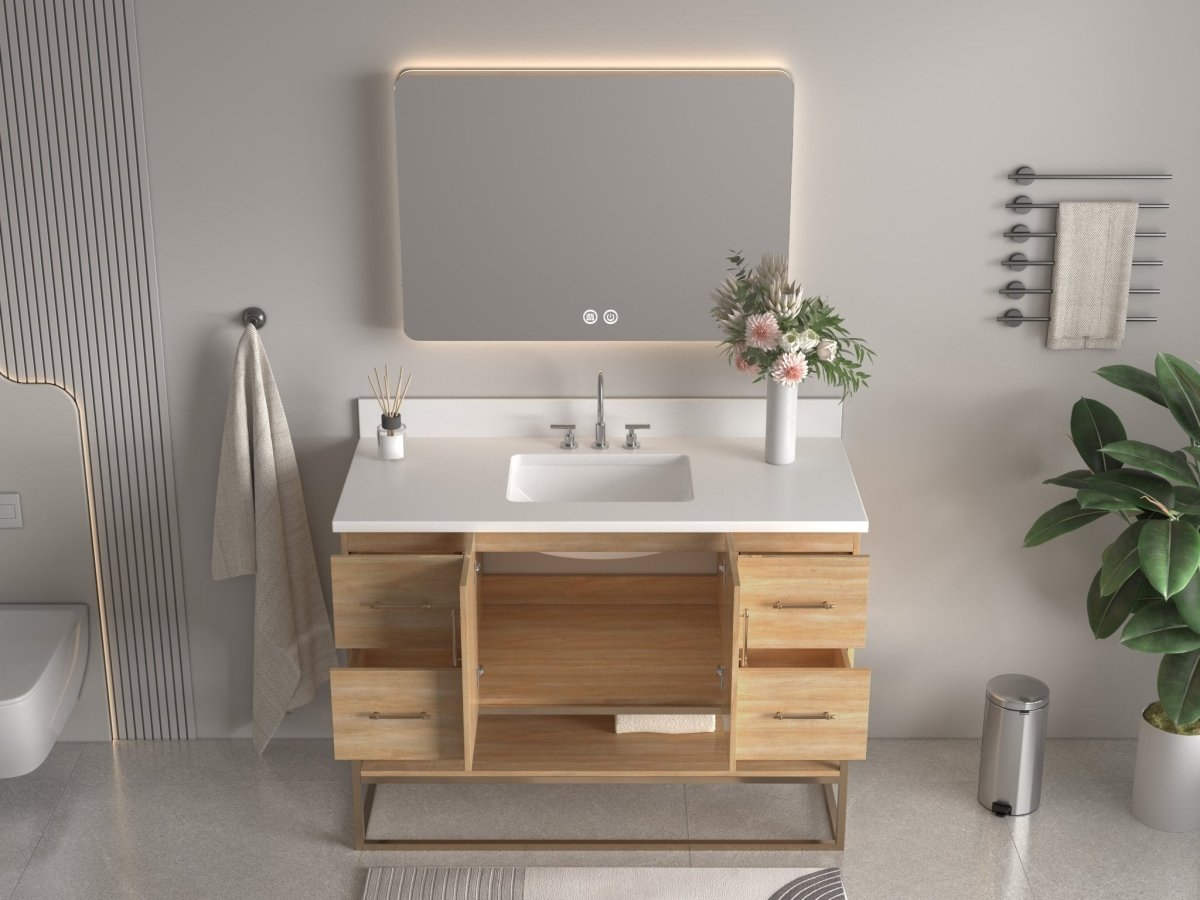 48 Inch Light Oak Lima Single Sink Bathroom Vanity With Open Shelf & Gold Leg Base - Bentoncollections