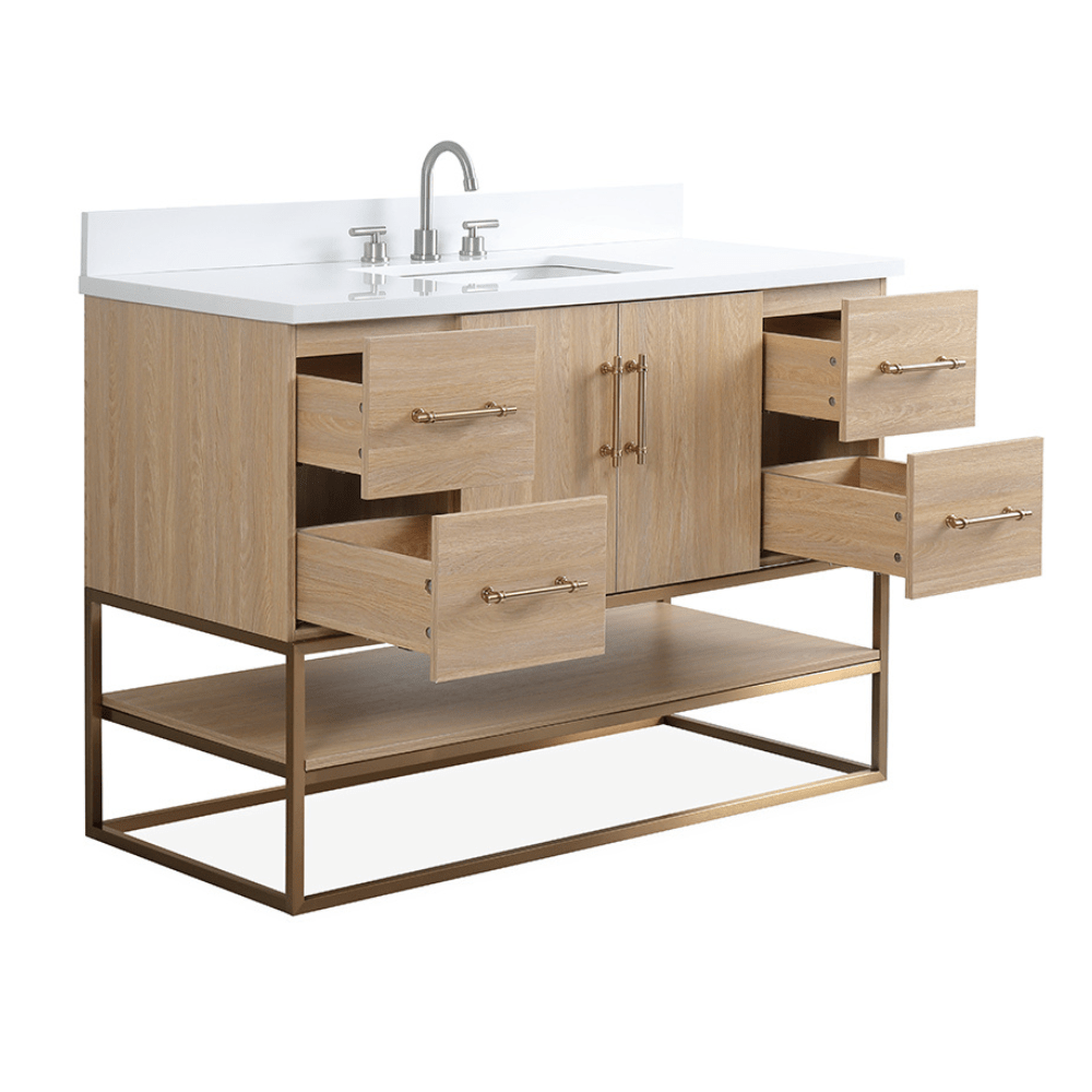 48 Inch Light Oak Lima Single Sink Bathroom Vanity With Open Shelf & Gold Leg Base - Bentoncollections