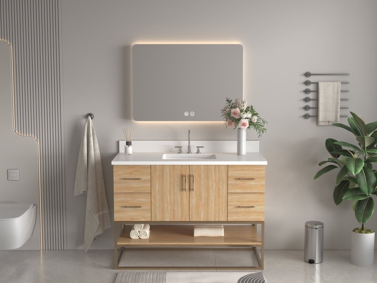 48 Inch Light Oak Lima Single Sink Bathroom Vanity With Open Shelf & Gold Leg Base - Bentoncollections