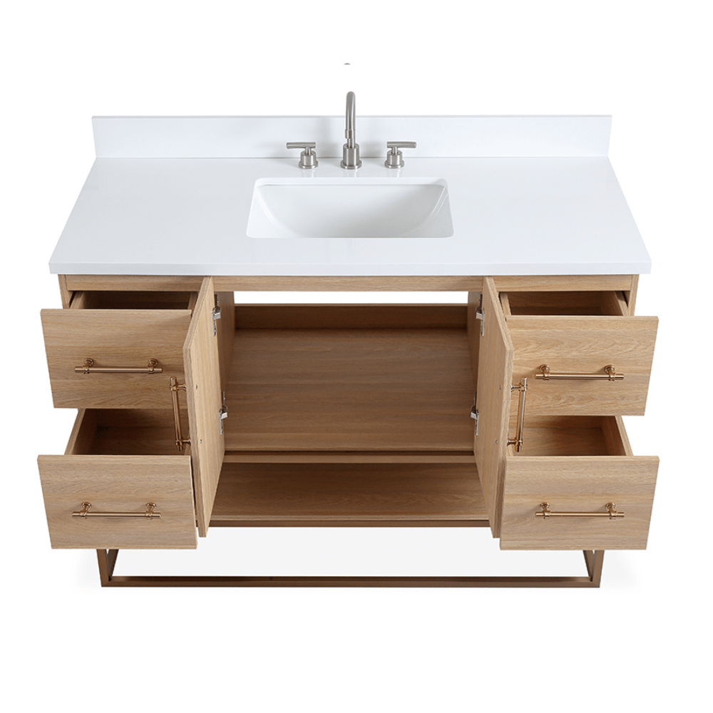 48 Inch Light Oak Lima Single Sink Bathroom Vanity With Open Shelf & Gold Leg Base - Bentoncollections