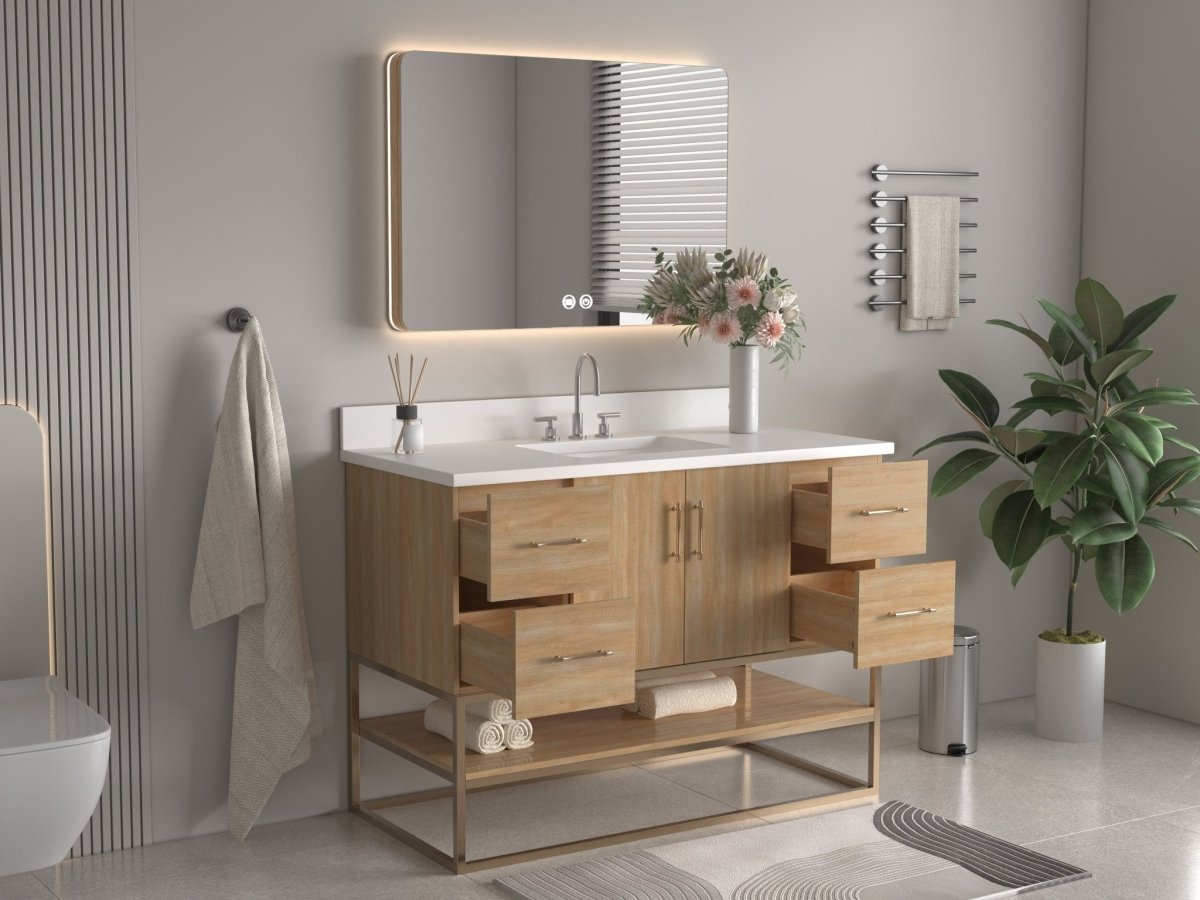 48 Inch Light Oak Lima Single Sink Bathroom Vanity With Open Shelf & Gold Leg Base - Bentoncollections