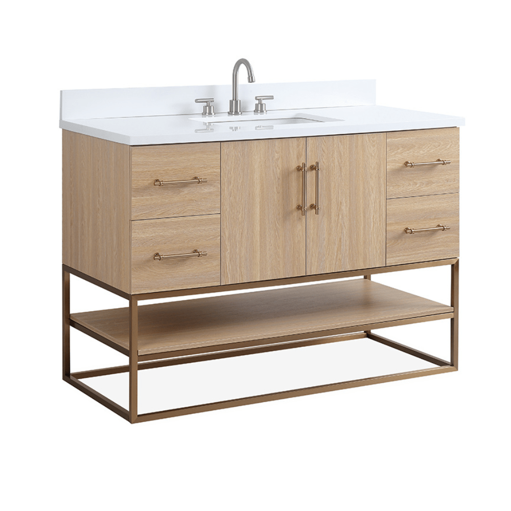 48 Inch Light Oak Lima Single Sink Bathroom Vanity With Open Shelf & Gold Leg Base - Bentoncollections