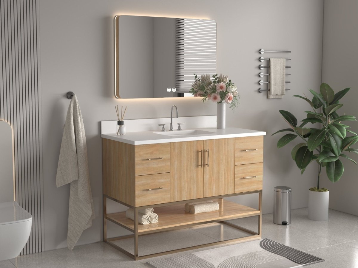 48 Inch Light Oak Lima Single Sink Bathroom Vanity With Open Shelf & Gold Leg Base - Bentoncollections