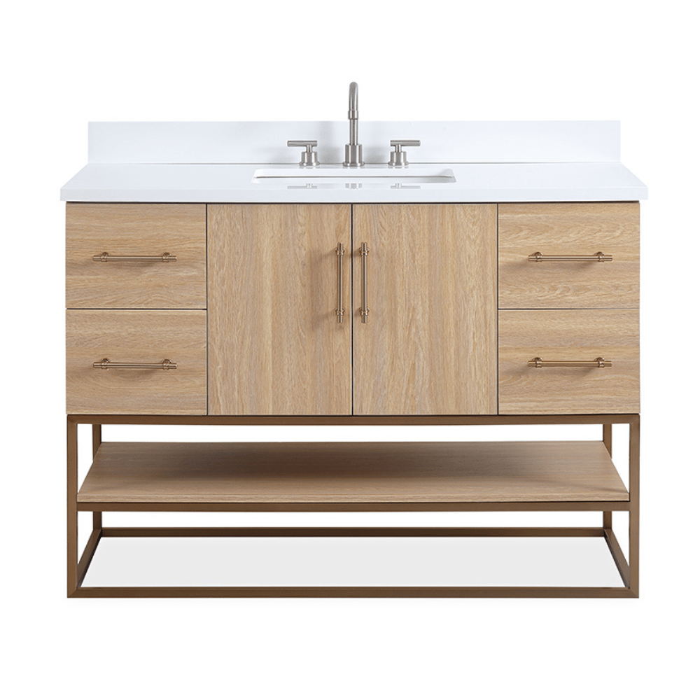 48 Inch Light Oak Lima Single Sink Bathroom Vanity With Open Shelf & Gold Leg Base - Bentoncollections