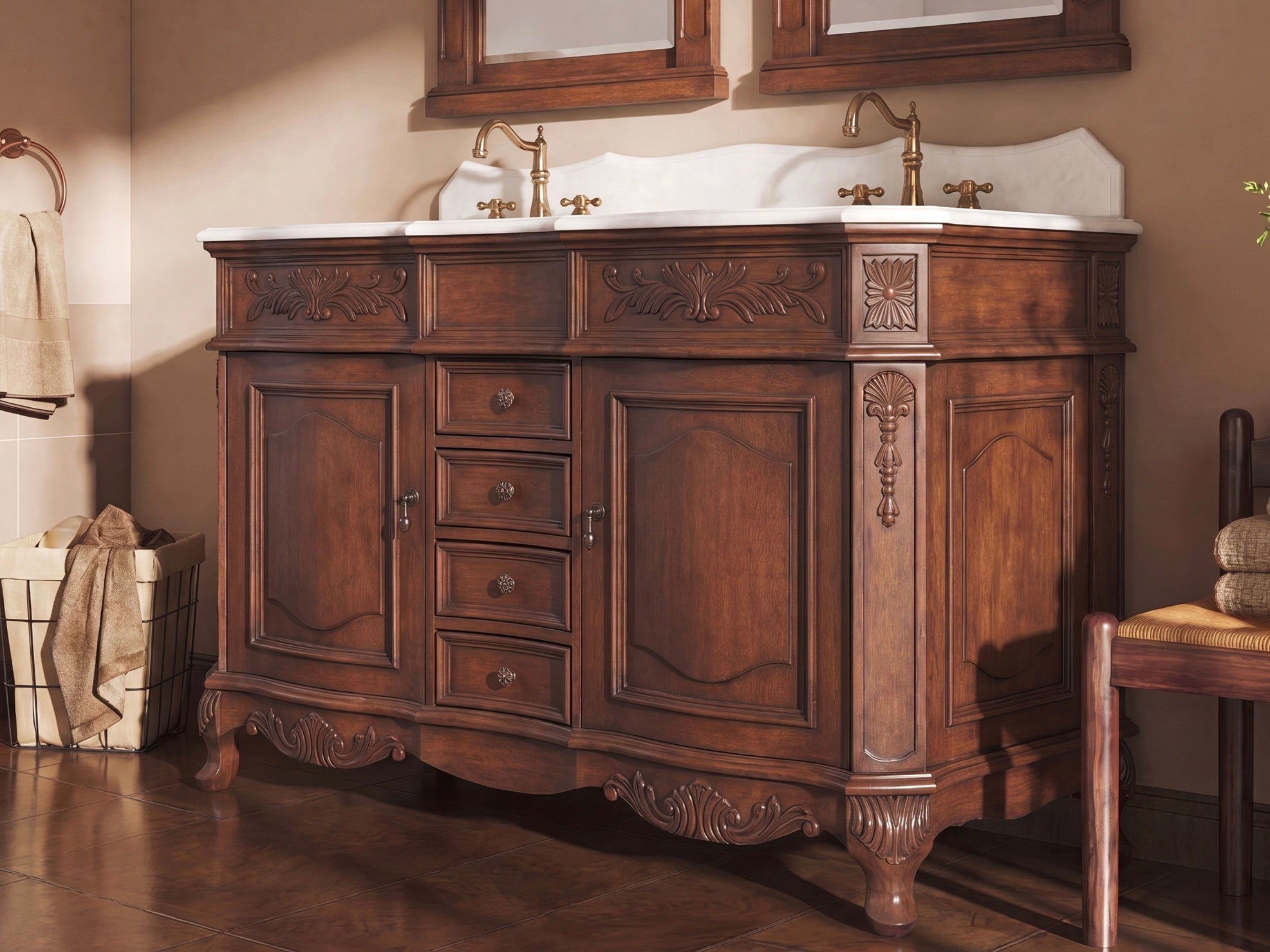 48 Inch Morton Traditional Double Sink Bathroom Vanity Antique Brown with White Quartz Top