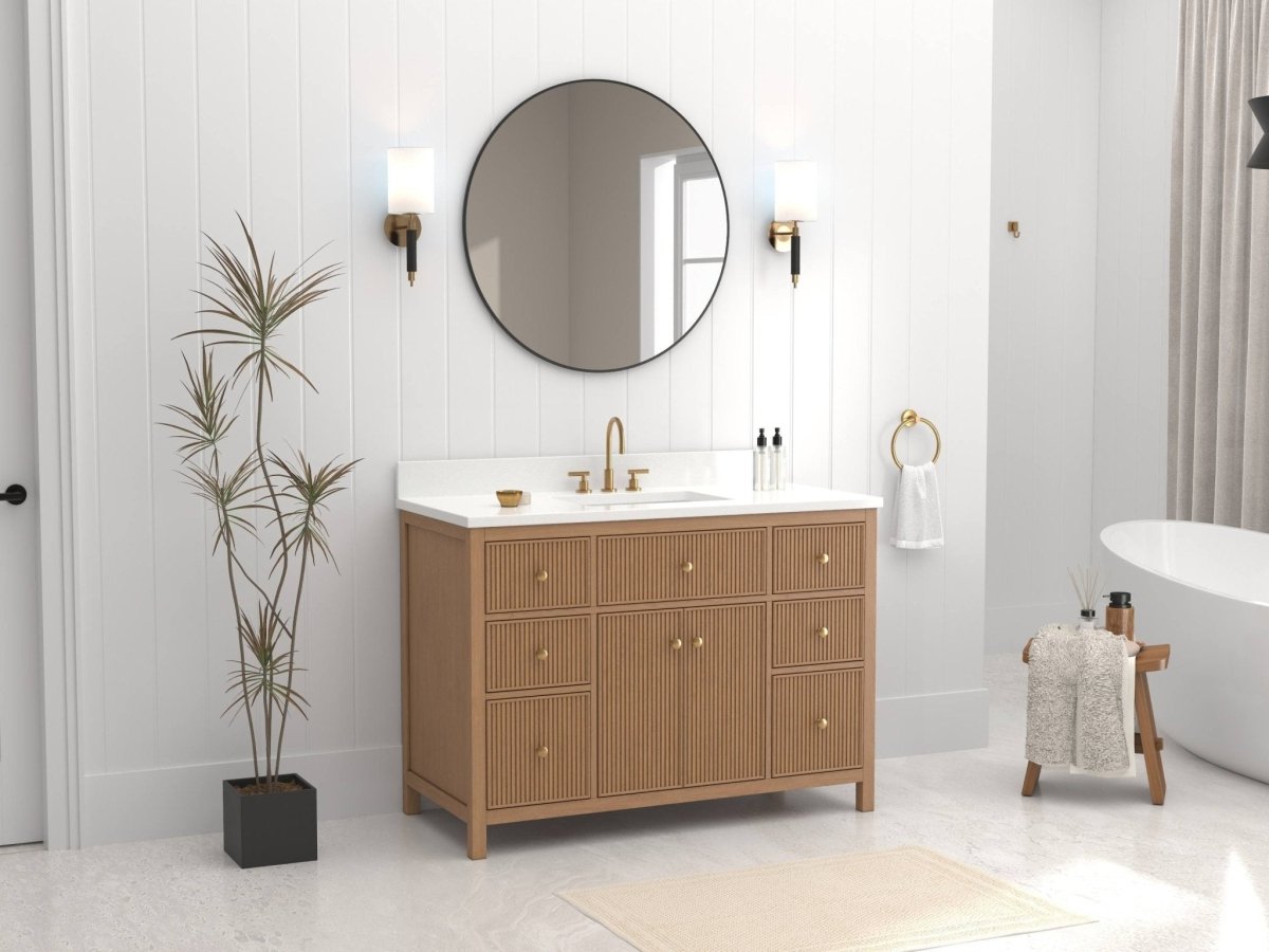 48 Inch Natural Oak Fluted Style Marbella Bathroom Vanity With White Quartz Top - Bentoncollections