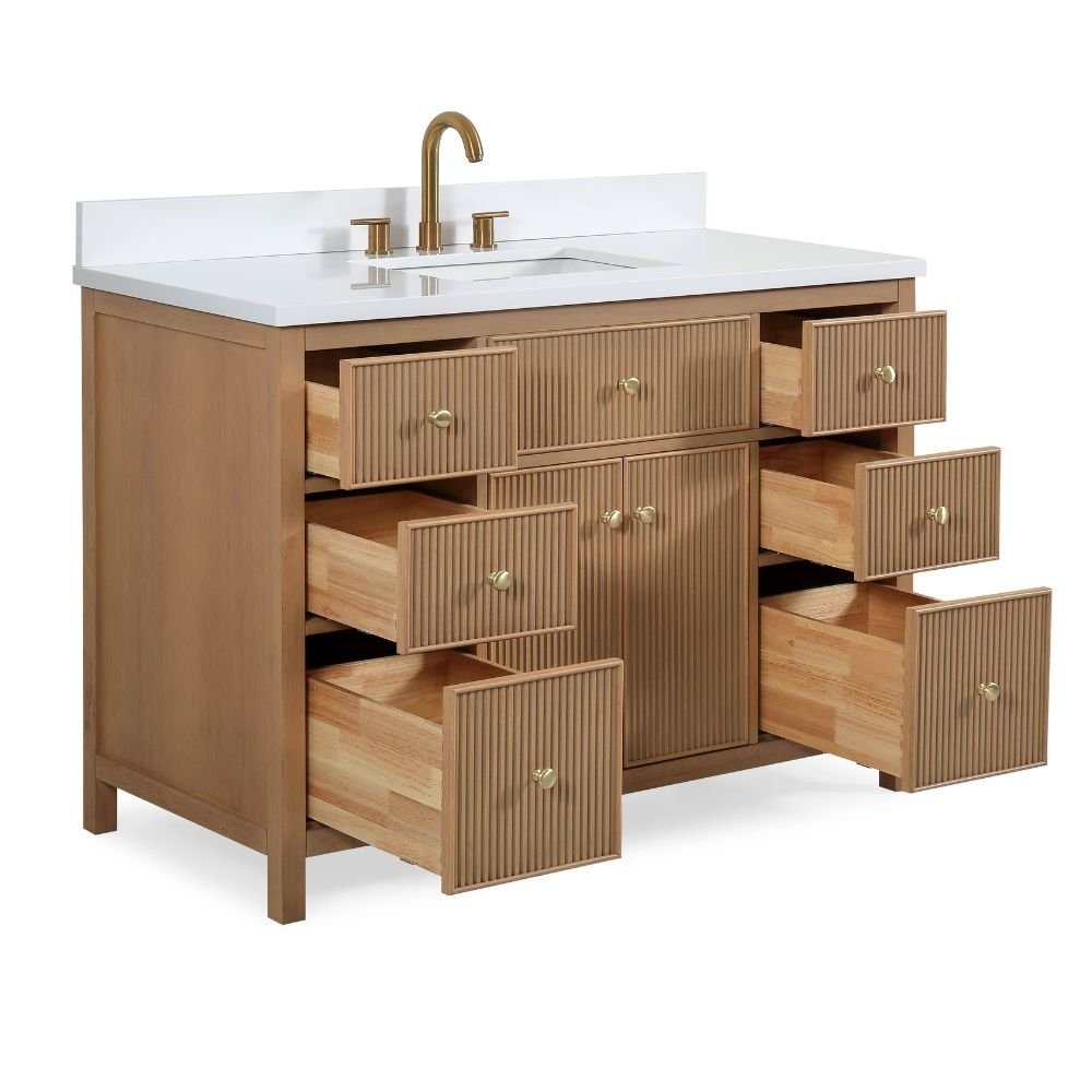48 Inch Natural Oak Fluted Style Marbella Bathroom Vanity With White Quartz Top - Bentoncollections