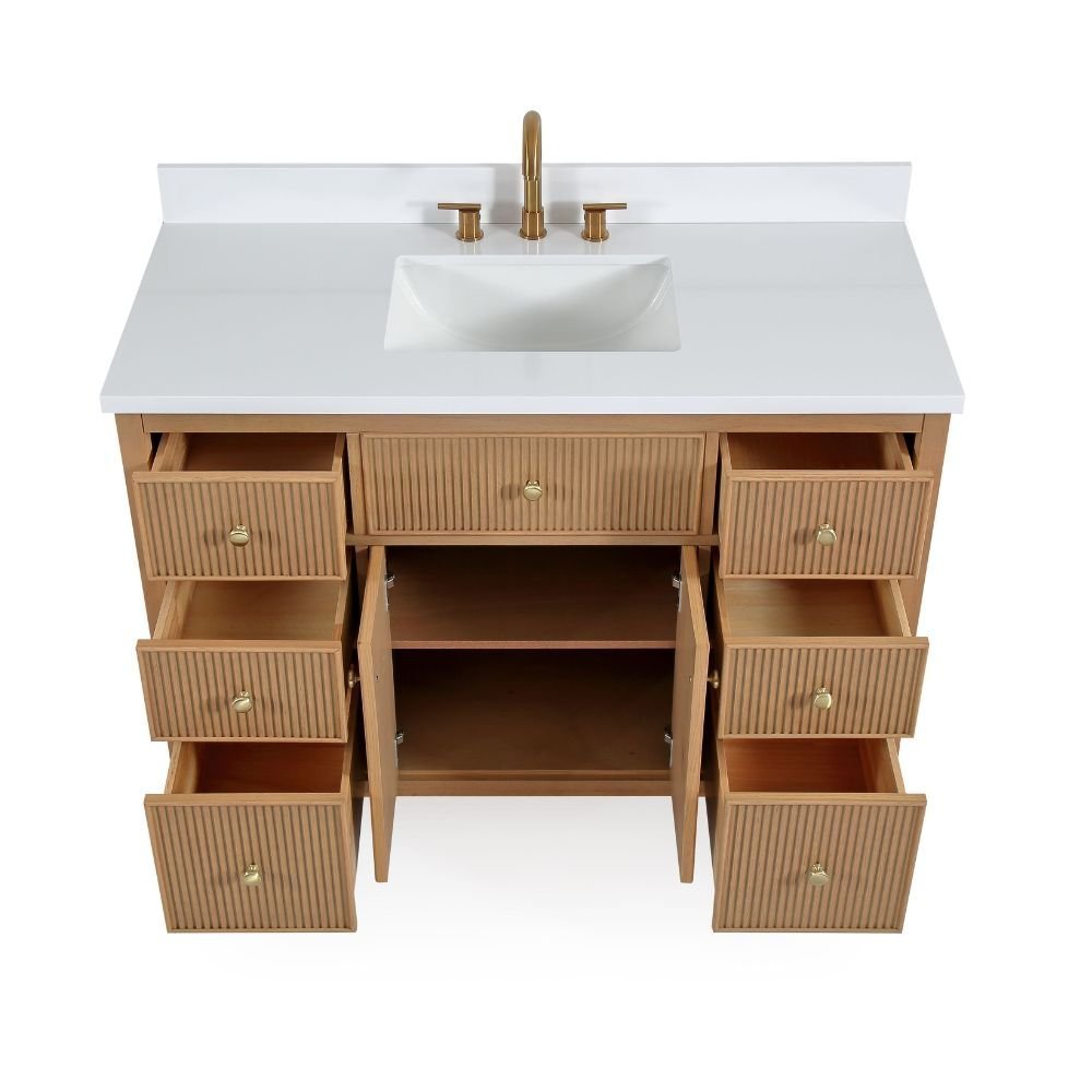 48 Inch Natural Oak Fluted Style Marbella Bathroom Vanity With White Quartz Top - Bentoncollections