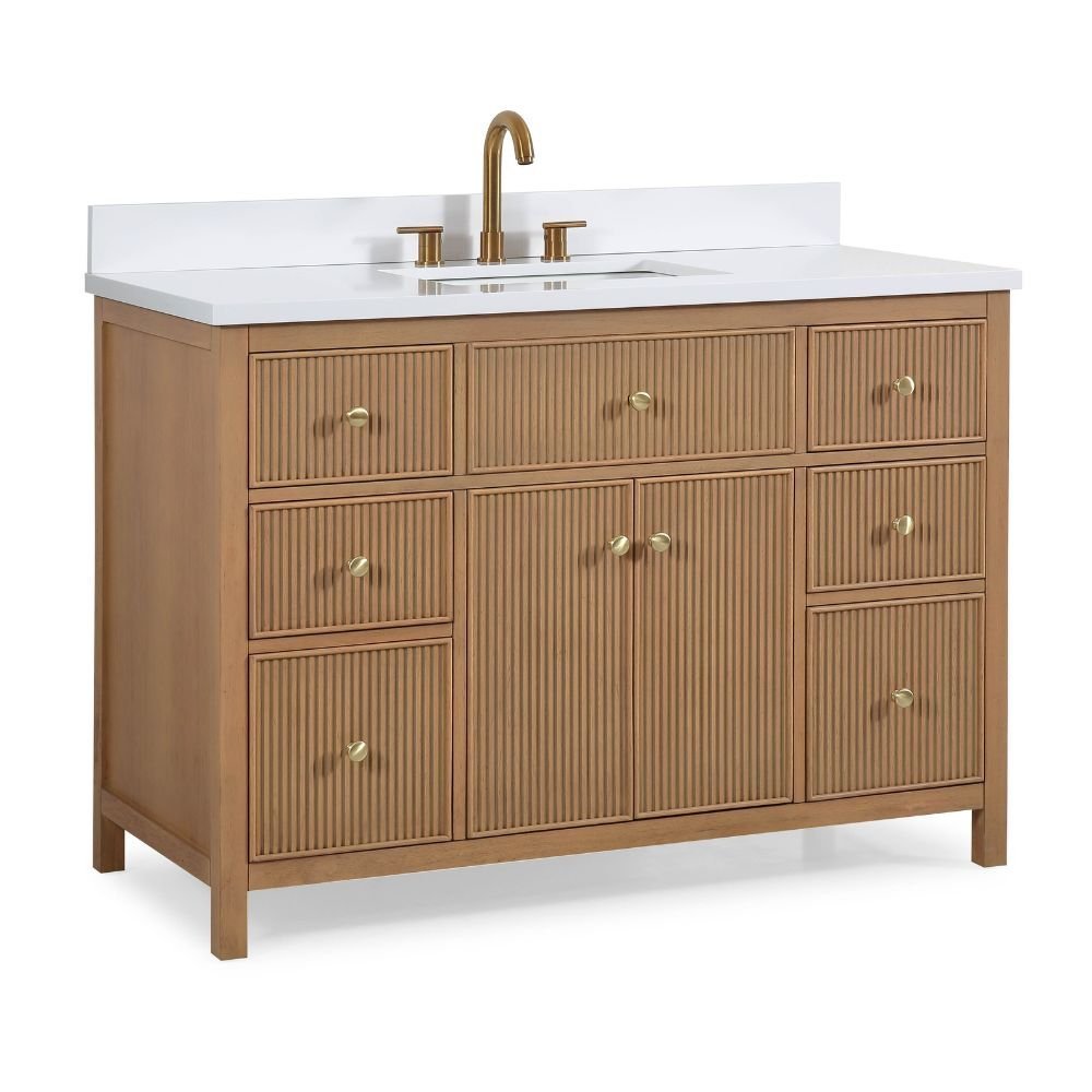 48 Inch Natural Oak Fluted Style Marbella Bathroom Vanity With White Quartz Top - Bentoncollections