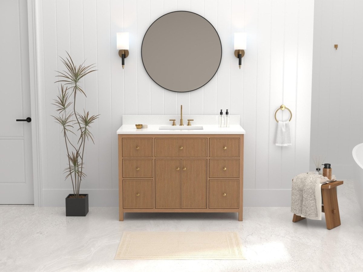 48 Inch Natural Oak Fluted Style Marbella Bathroom Vanity With White Quartz Top - Bentoncollections
