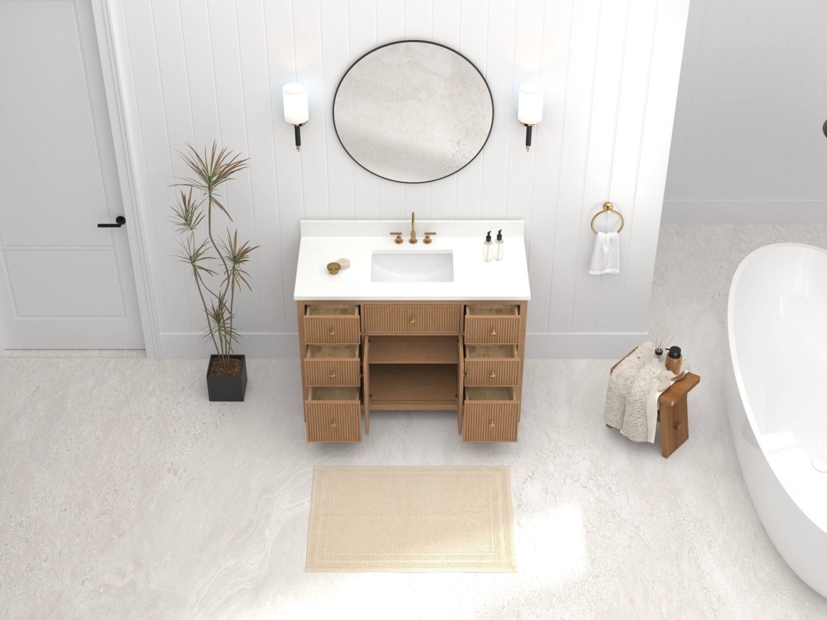 48 Inch Natural Oak Fluted Style Marbella Bathroom Vanity With White Quartz Top - Bentoncollections