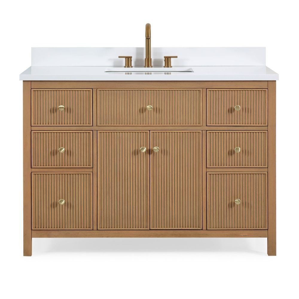 48 Inch Natural Oak Fluted Style Marbella Bathroom Vanity With White Quartz Top - Bentoncollections