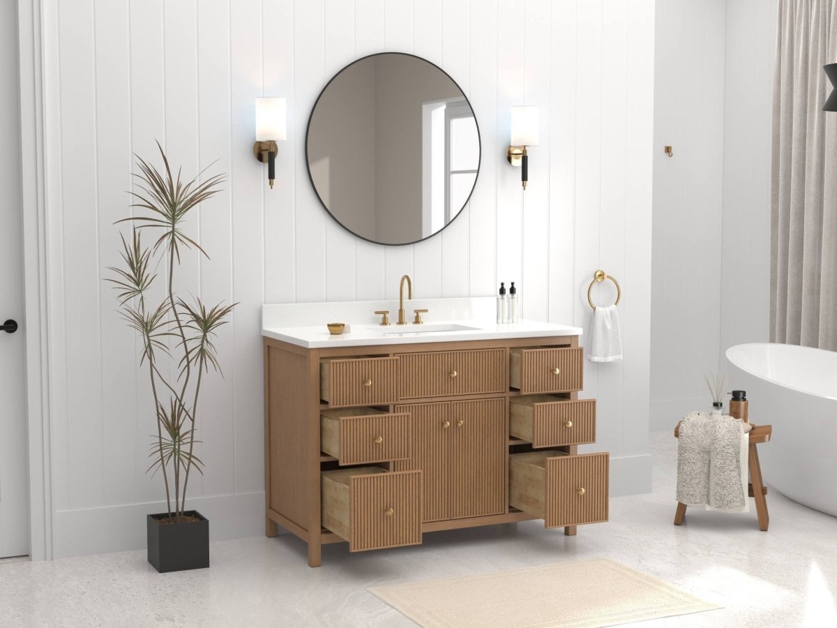 48 Inch Natural Oak Fluted Style Marbella Bathroom Vanity With White Quartz Top - Bentoncollections