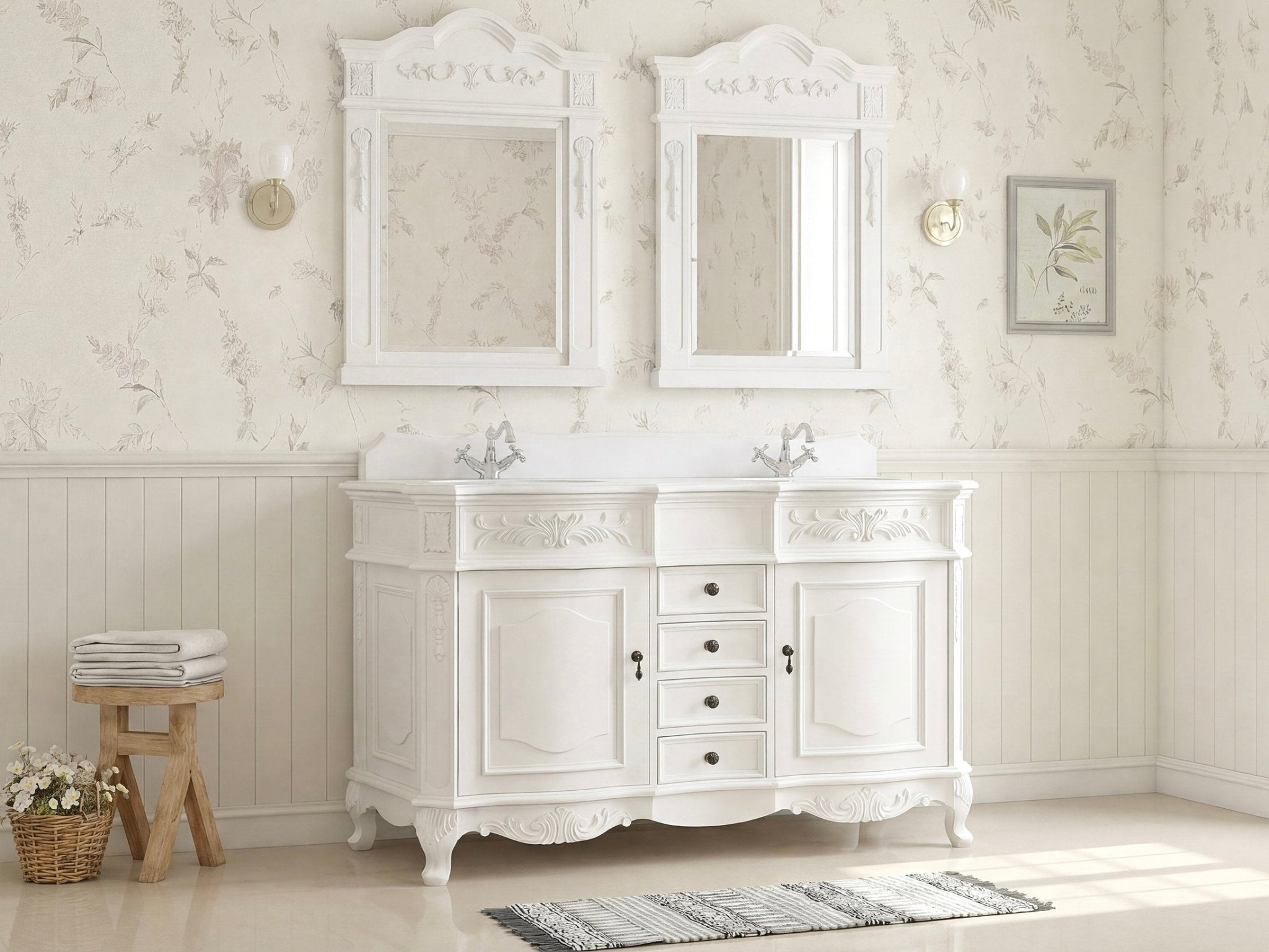 48 Inch Traditional Double Sink Bathroom Vanity Antique White with White Quartz Top