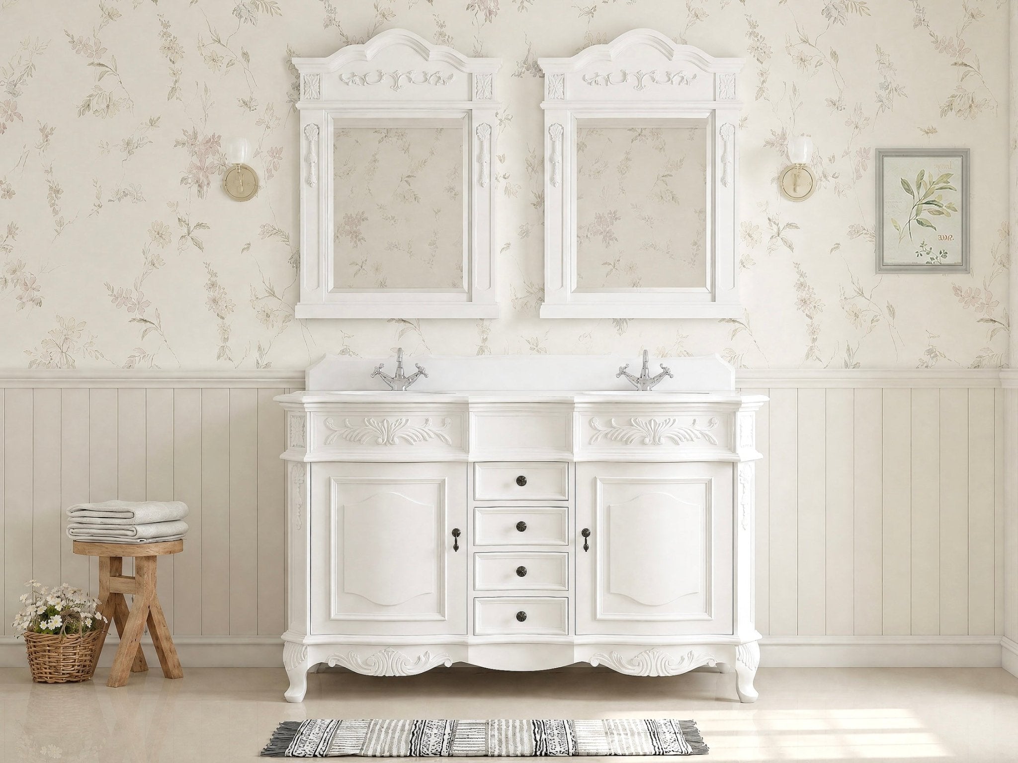48 Inch Traditional Double Sink Bathroom Vanity Antique White with White Quartz Top