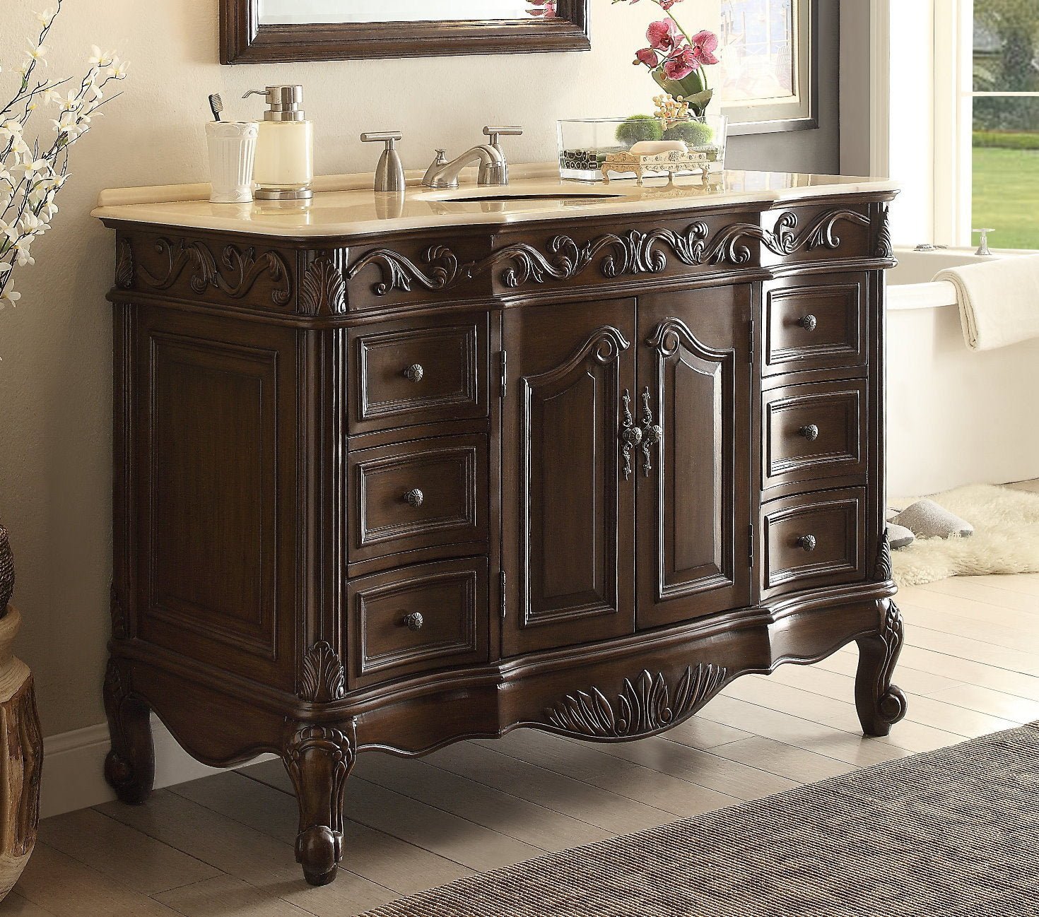 48 Inch Dark Brown Traditional Style Single Sink Cream Marble Countertop Beckham Bathroom Vanity