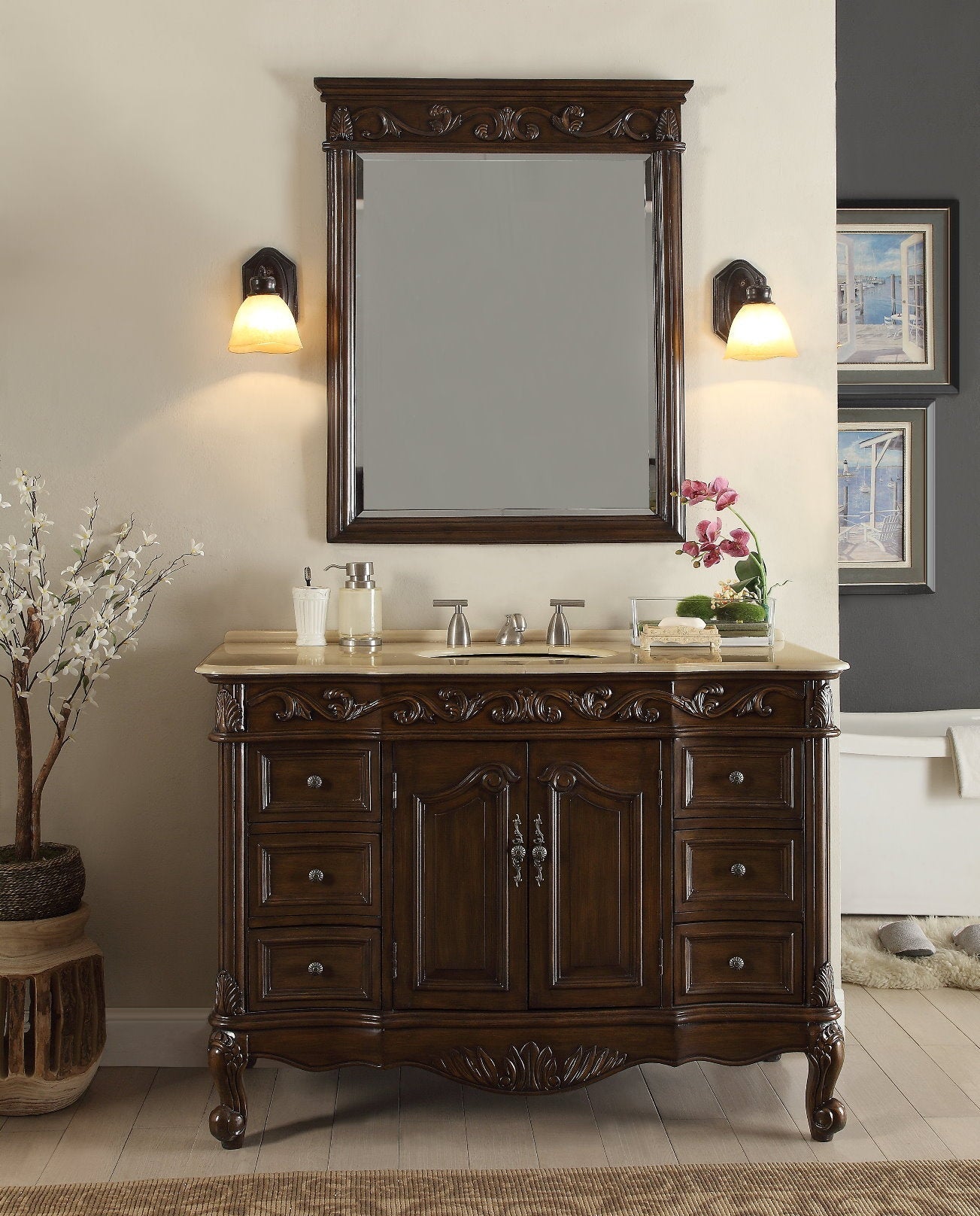 48 Inch Dark Brown Traditional Style Single Sink Cream Marble Countertop Beckham Bathroom Vanity