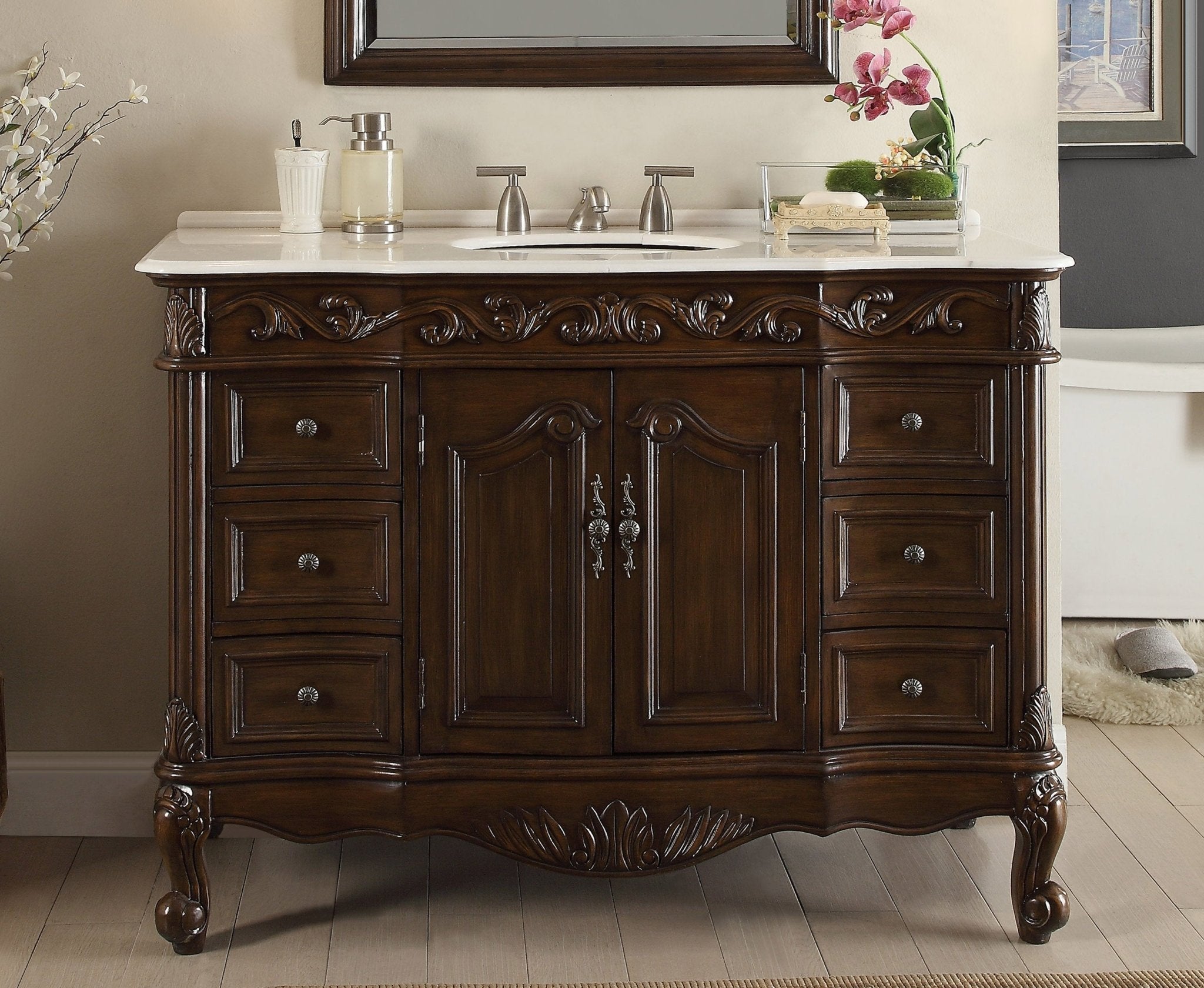 48 Inch Dark Brown Traditional Style Single Sink White Marble Countertop Beckham Bathroom Vanity