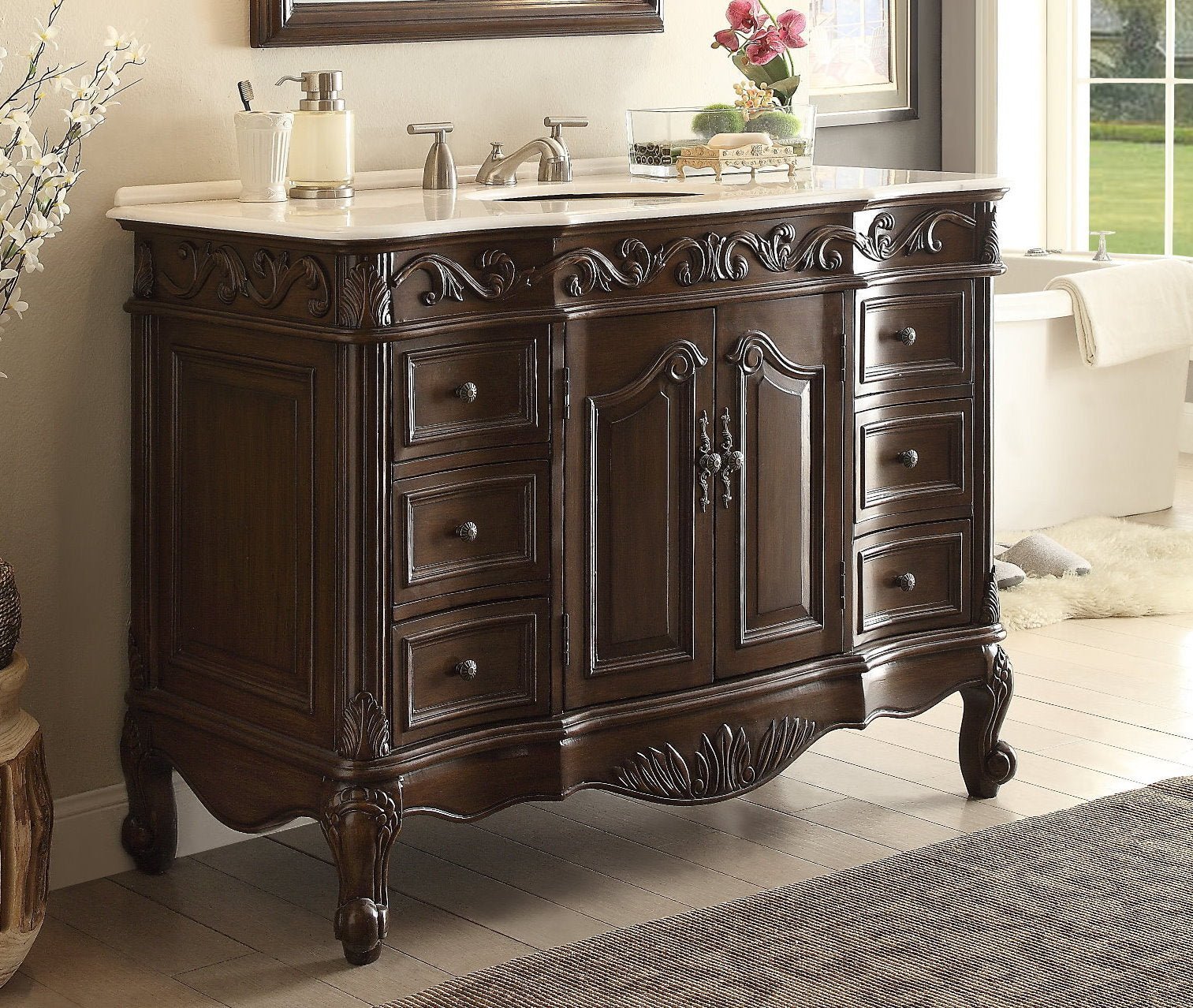 48 Inch Dark Brown Traditional Style Single Sink White Marble Countertop Beckham Bathroom Vanity