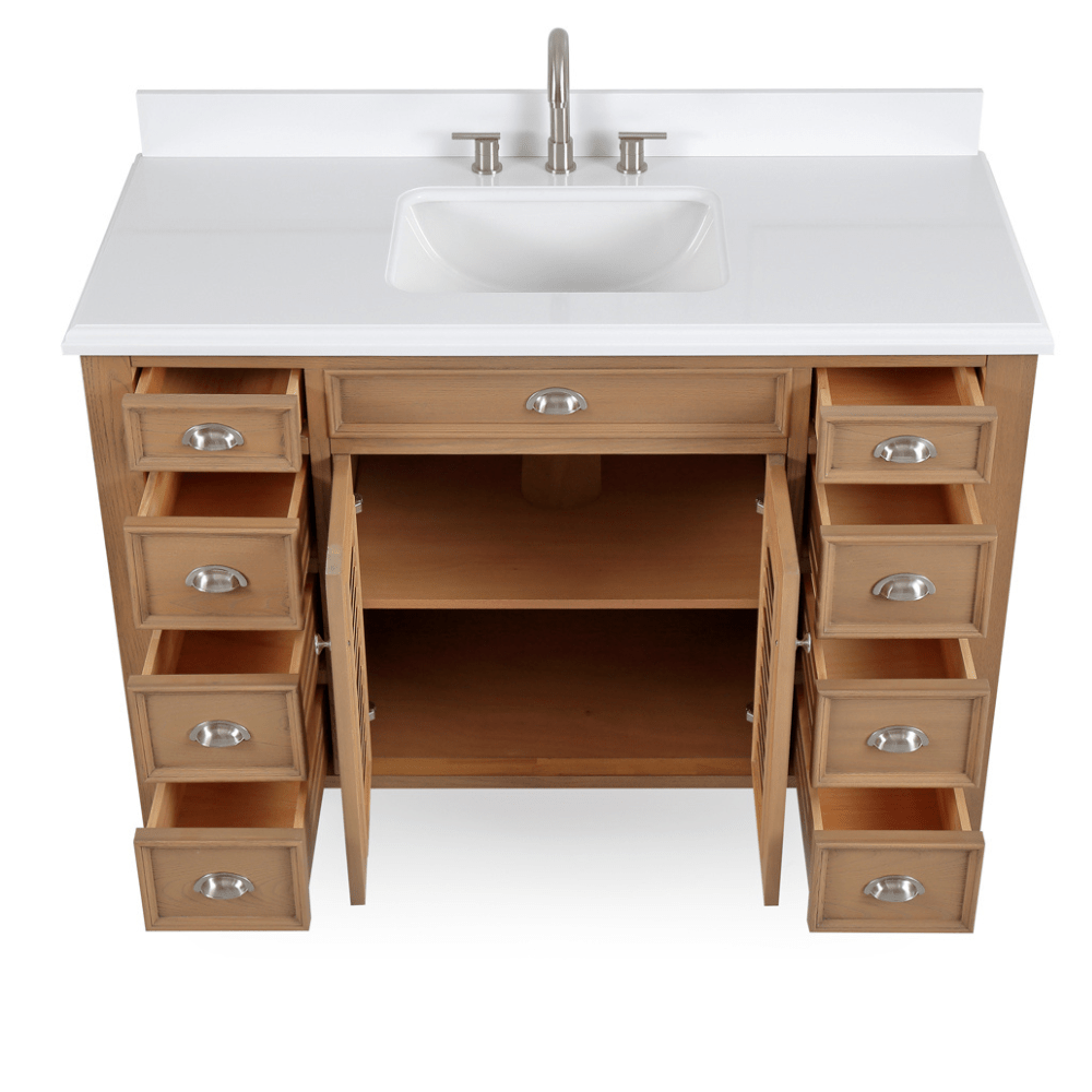 50 Inch Contemporary Style Wood Finish Kalani Bathroom Vanity With White Quartz Top - Bentoncollections
