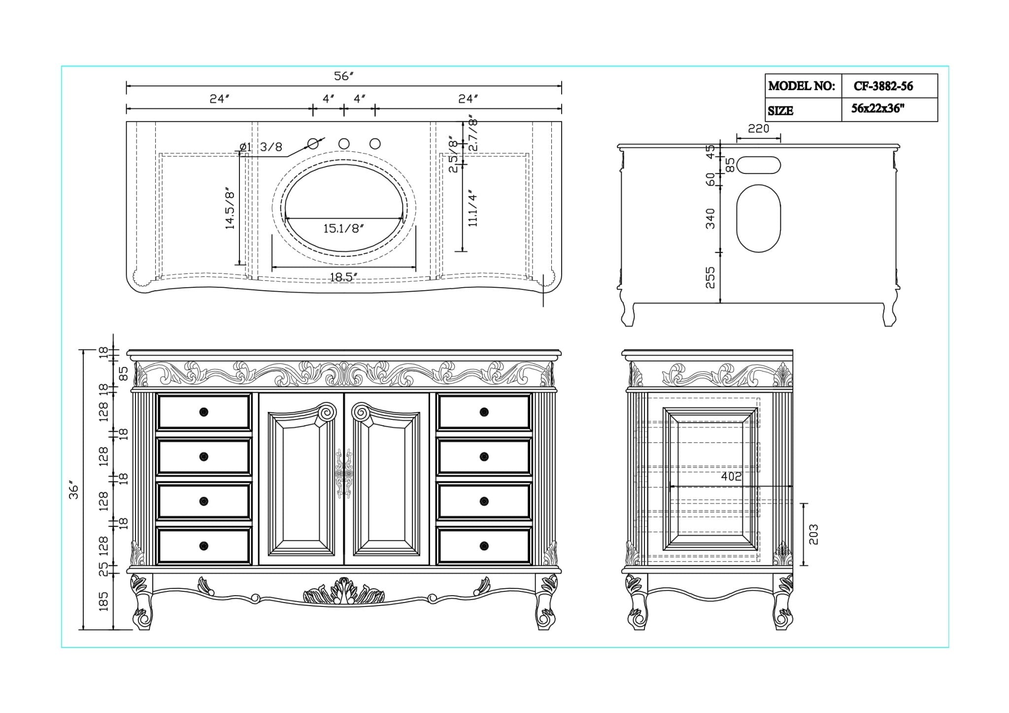 56 Inch Antique White Traditional Style Single Sink Beckham Bathroom Vanity
