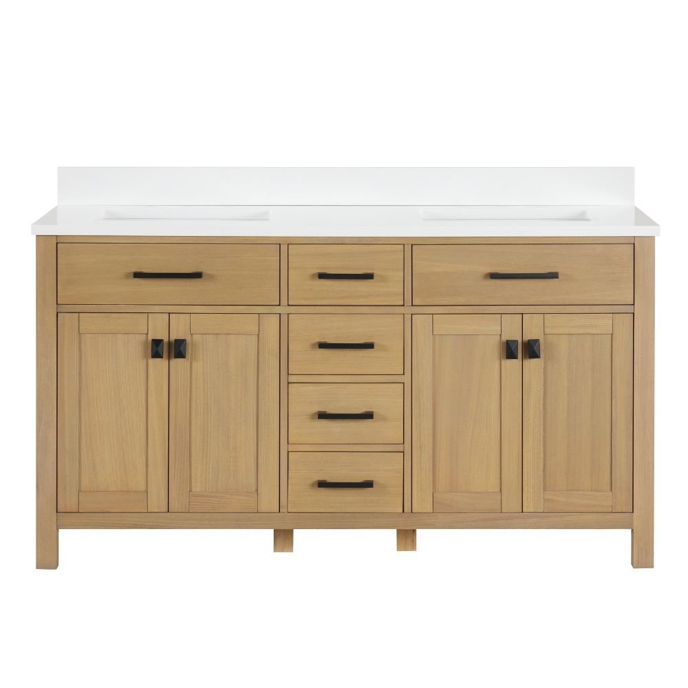 60 Inch Aged Oak Finish Rella Double Sink Bathroom Vanity With White Quartz Top - Chans Furniture